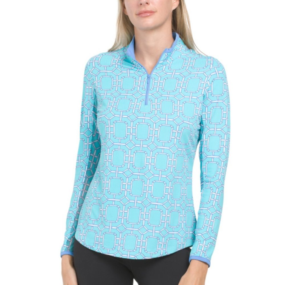 G LIFESTYLE Upf 50 Long Sleeve Color Block Zip Mock Neck Top